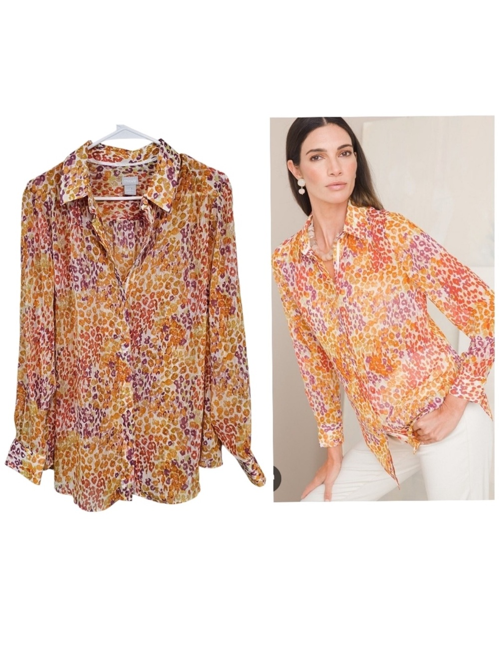 NWT Chico’s Size 3 Crinkle Chiffon Animal Print Button Front Blouse 1X